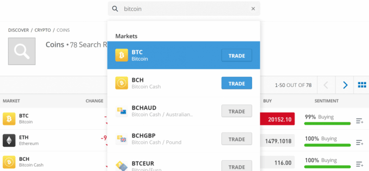 Search Bitcoin on eToro